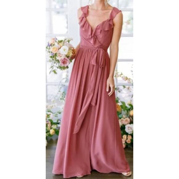 Revelry bridesmaid 2 mauve dusty rose maxi formal dress v neck chiffon flutter - Picture 1 of 11